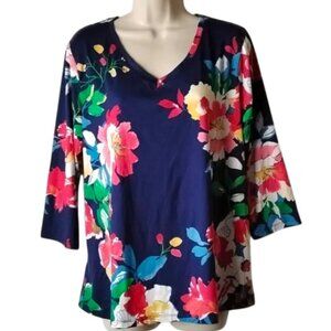 *50off3* Pioneer Woman V-neck T-Shirt Top L Dark Blue Floral 3/4 Sleeves